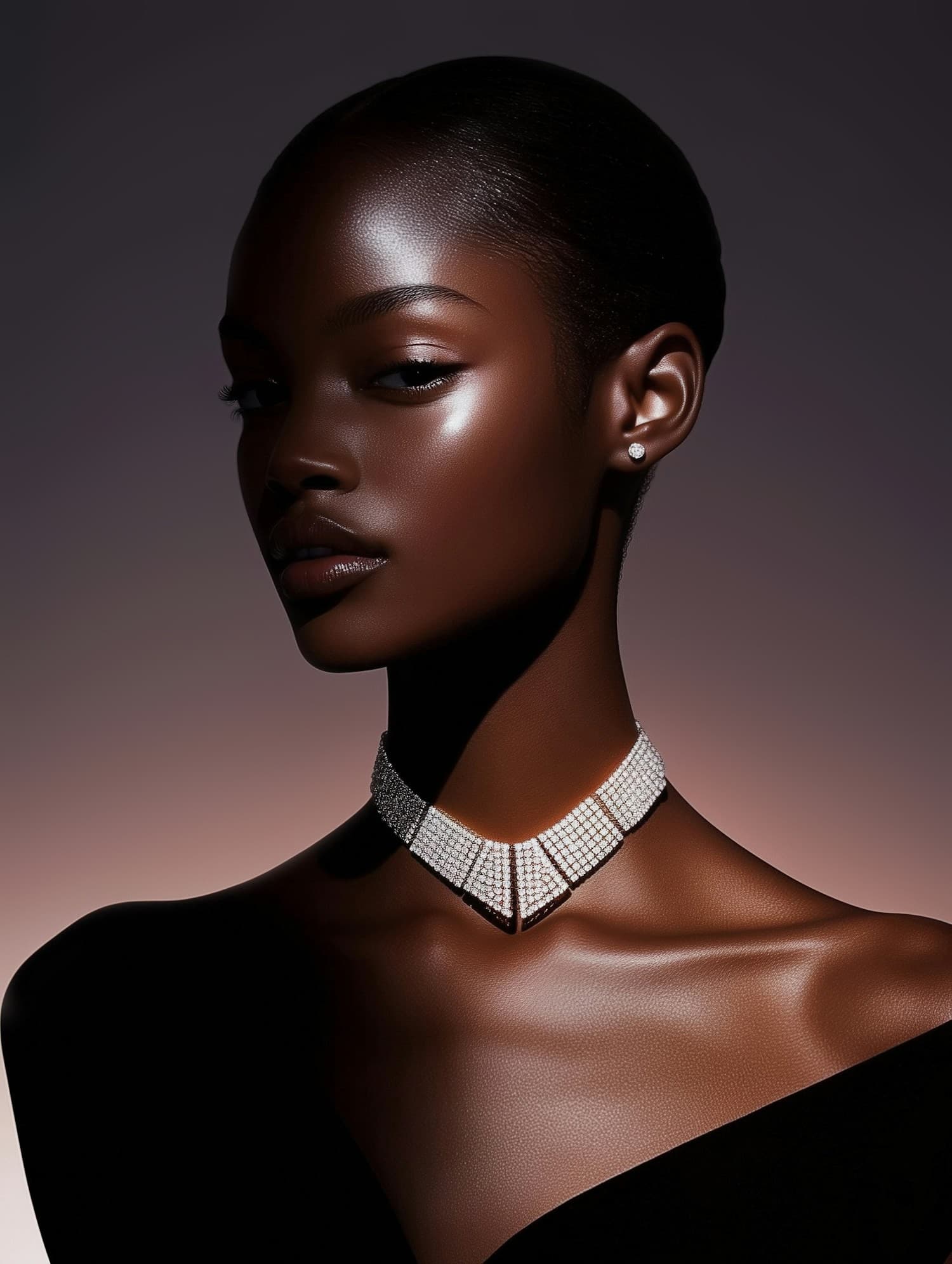 Portrait of a woman wearing a diamond choker in soft dusk light