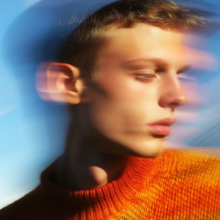 Young man in an orange knit caught in motion blur against a blue sky