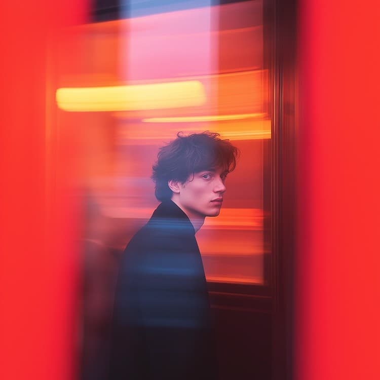 Young man in a dark coat glancing back through red light trails