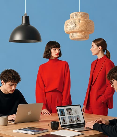 Creative team in red outfits around a table under pendant lamps