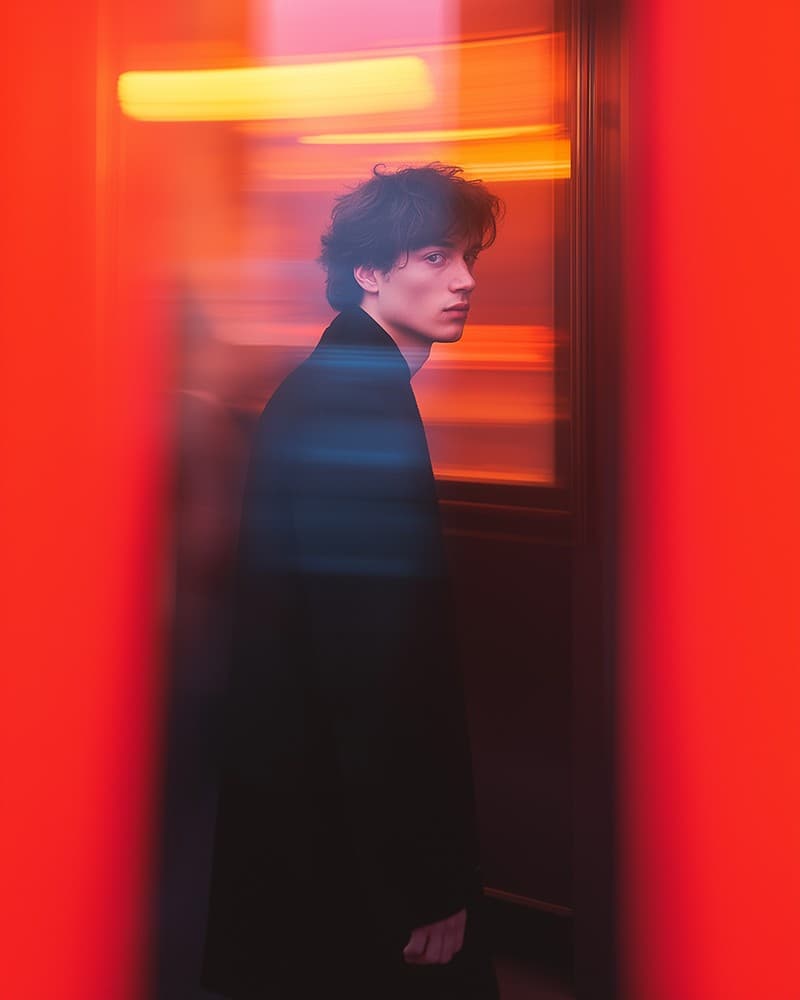 Young man in a dark coat caught in red motion blur