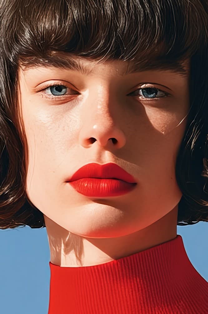 Close portrait with red lips and a red turtleneck against a blue sky
