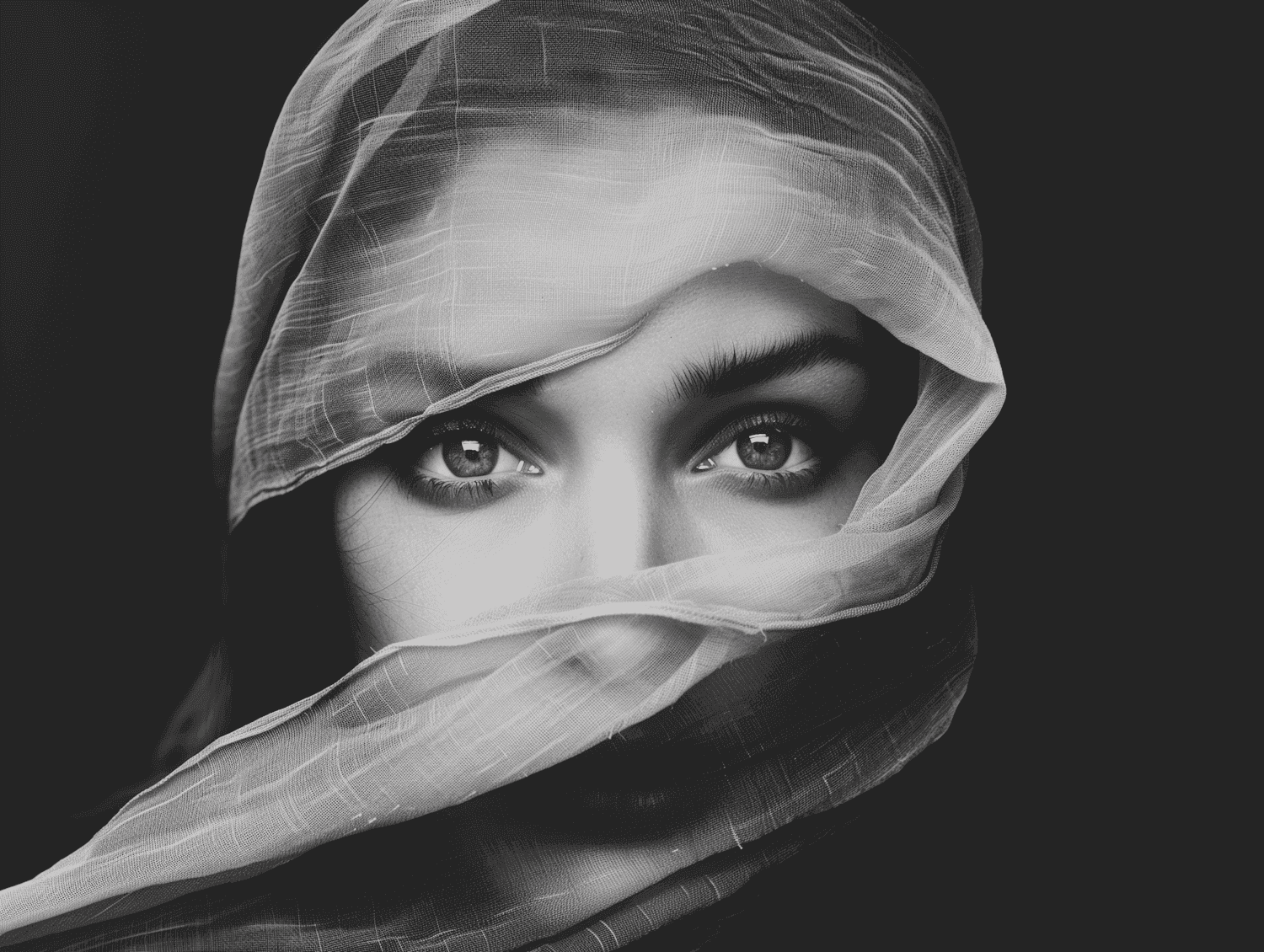 Black and white portrait of eyes framed by a sheer veil
