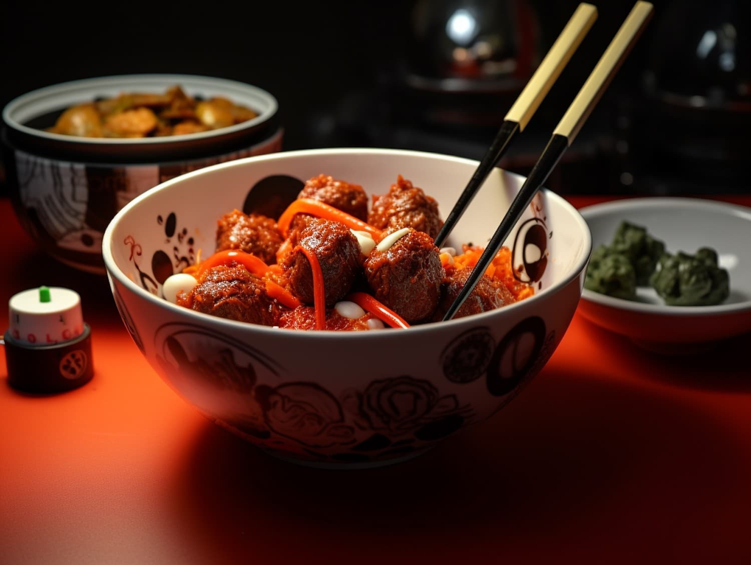 Bowl of glazed meatballs and noodles with chopsticks on a red table